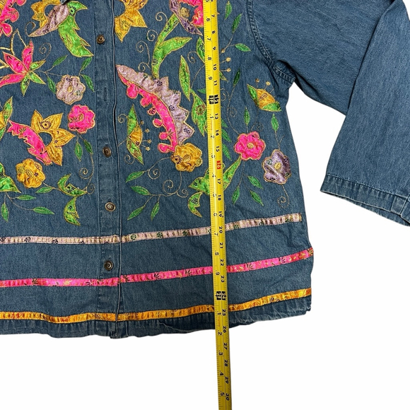 Carolina Blues Plus Denim Jacket 20W Embroidered Floral Boho Pink Collar - Picture 14 of 16